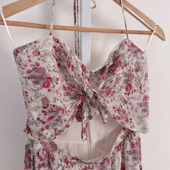 WAYF Dress Halter Top Midi Length Cut Out Abdomen Pink White Floral Tie Neck - Picture 8 of 16